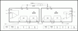 Figure 2. The circuit connections and coefficient sets shown enable two programmable, switched-capacitor filter ICs to realize the C-message filter of Figure 1. By loadingthe ICs with different coefficient sets, you can obtain the European psophometric noise-weighting filter and other test/measurement filters.