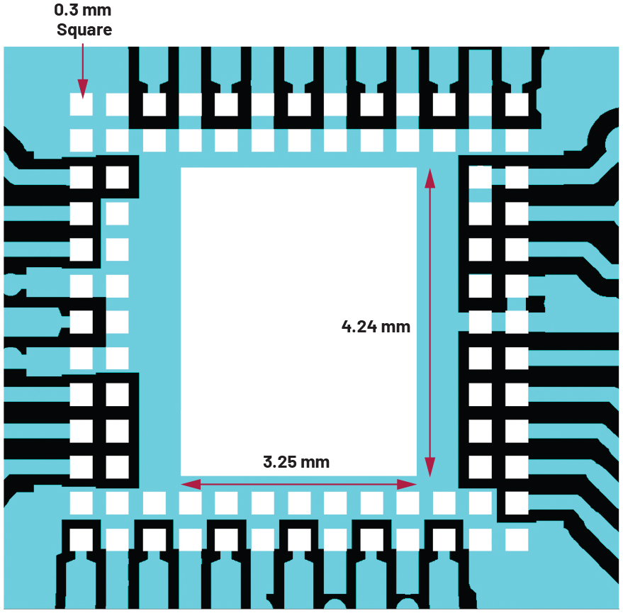 図8 ADAR1000 PCBの推奨フットプリント – 0.3mm×0.3mmパッドを白でハイライトし、レイヤ1の残りの金属部分を水色で表示。