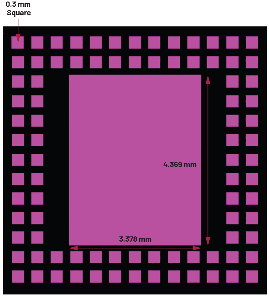 図9 パッド開口部を0.3mm×0.3mm、グラウンド・パドル開口部を3.378mm×4.369mmとしたADAR1000のハンダ・マスク。