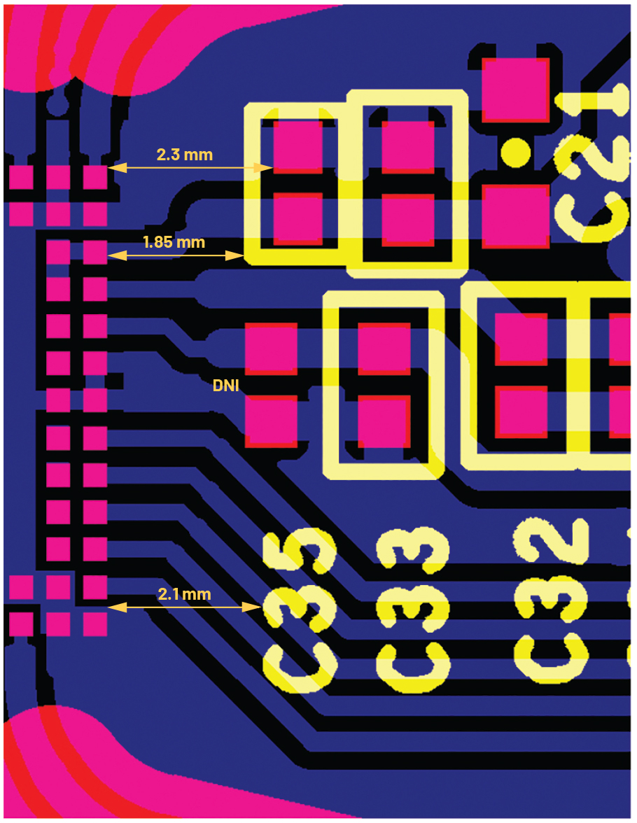 図12 ADAR1000のPCB禁止領域:シルクスクリーン・フィーチャはDUTパッドから1.85mm以上離し、コンポーネントはDUTパッドから2.3mm以上離して取り付けます。