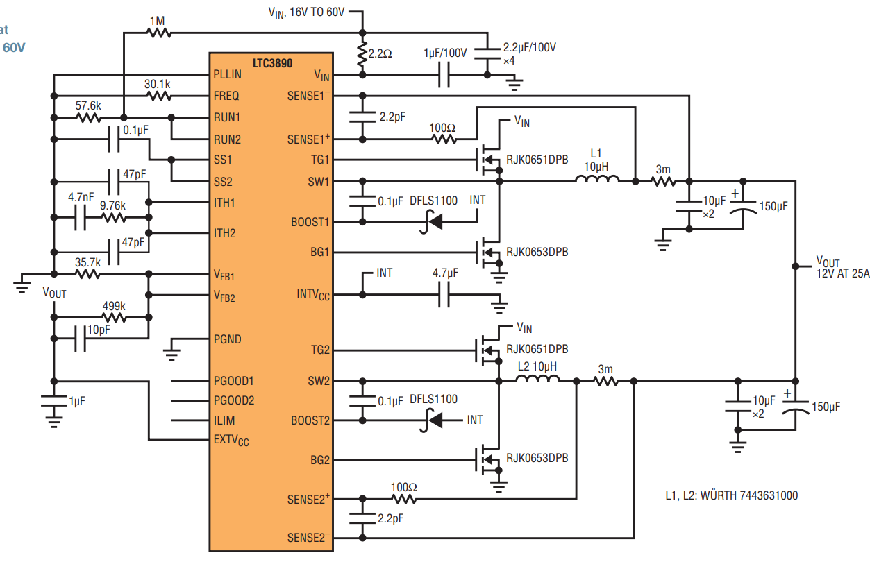 図1.最大60Vの入力から12V/25Aの出力を生成する高効率コンバータ