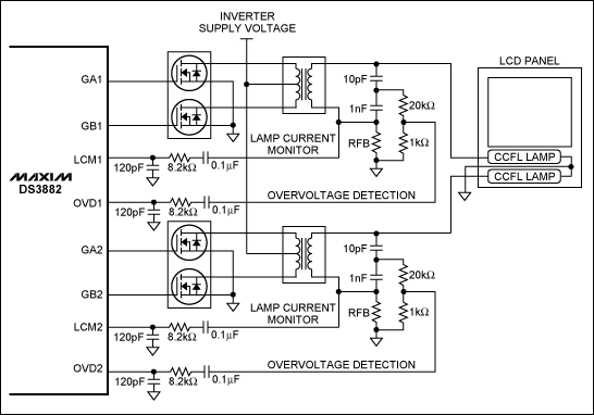 Figure 1. The DS3882 is shown in a two-lamp, common-return-drive scheme