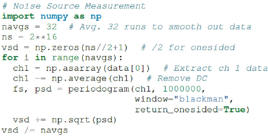 図20 ADALM2000用のPythonノイズ源測定コード。
