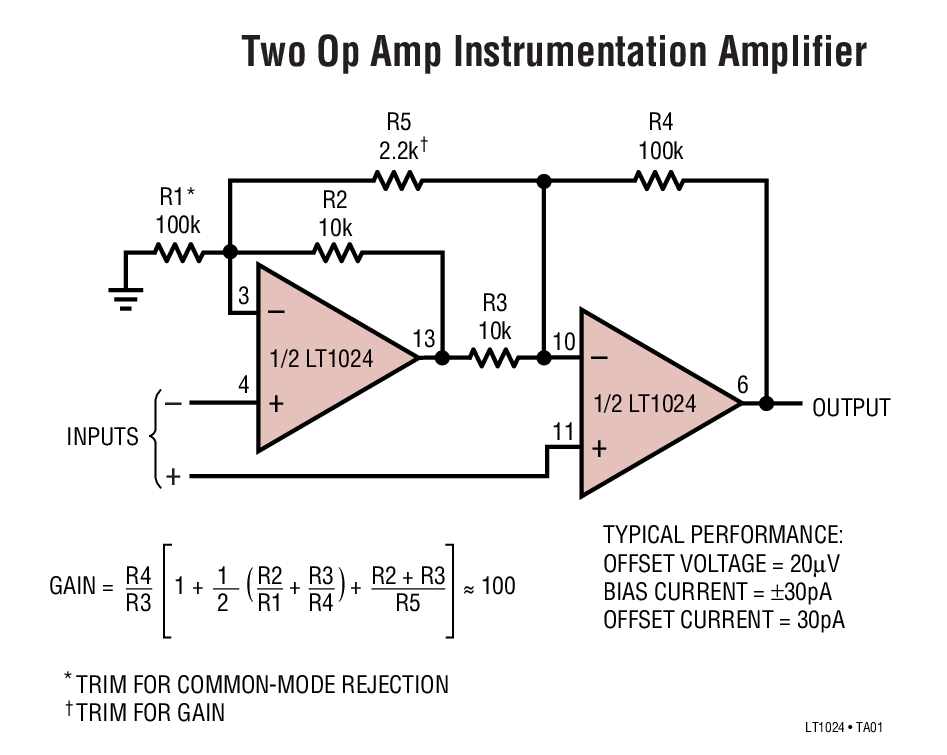 Two Op Amp Instrumentation Amplifier