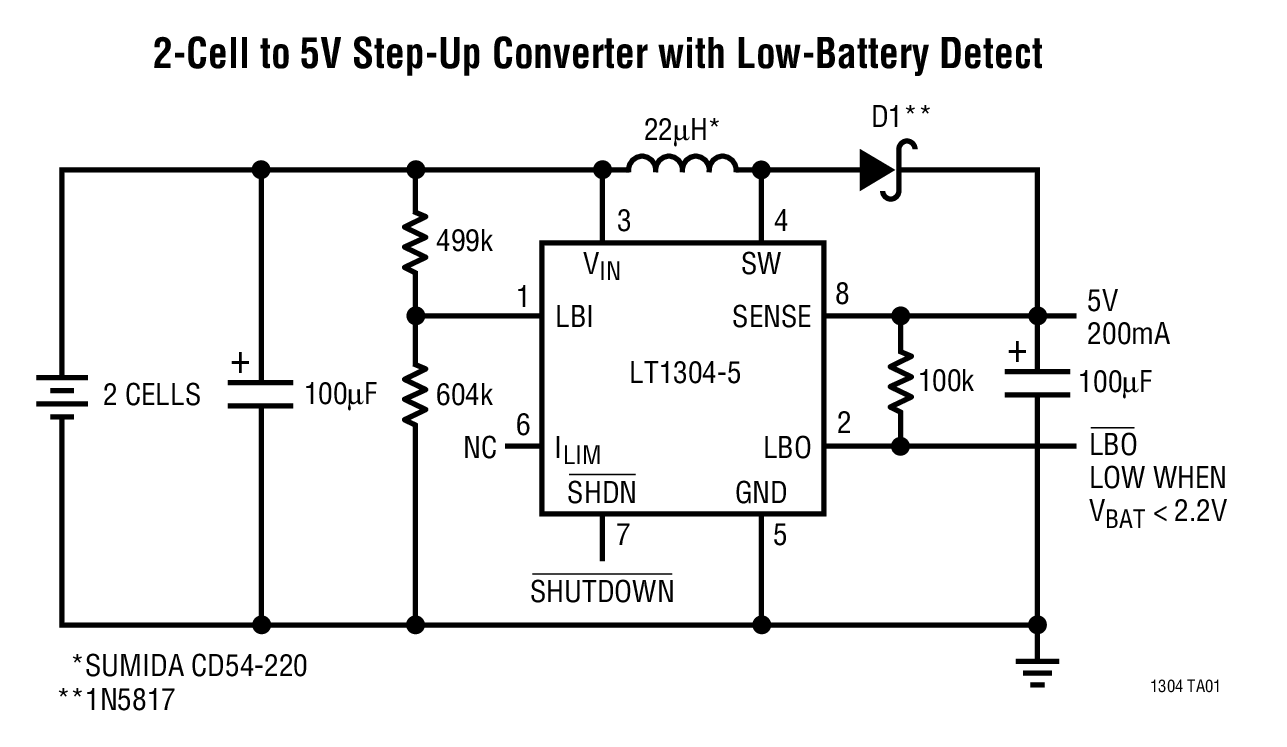 2-Cell to 5V Step-Up Converter with Low-Battery Detect