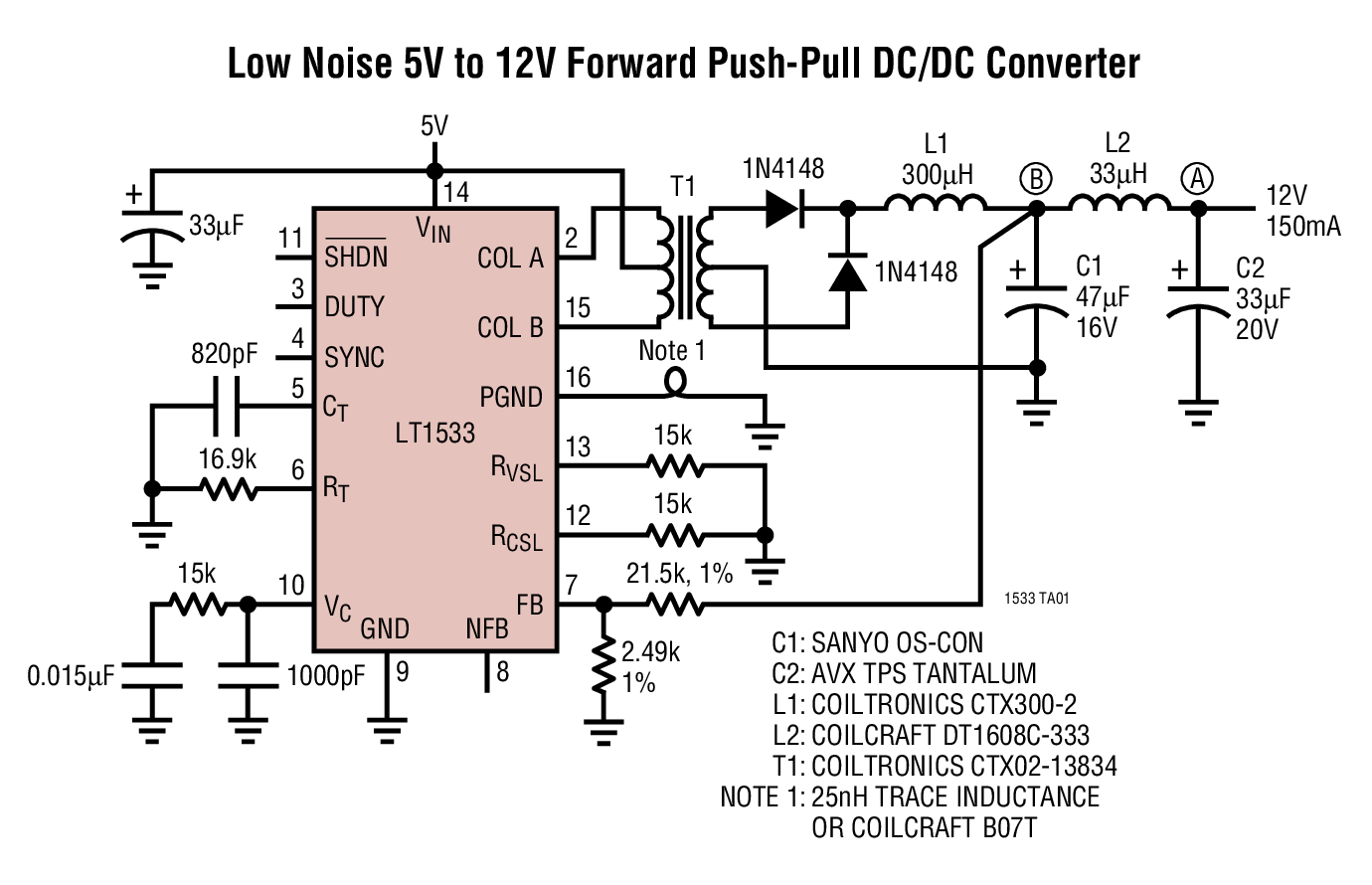 Low Noise 5V to 12V Forward Push-Pull DC/DC Converter