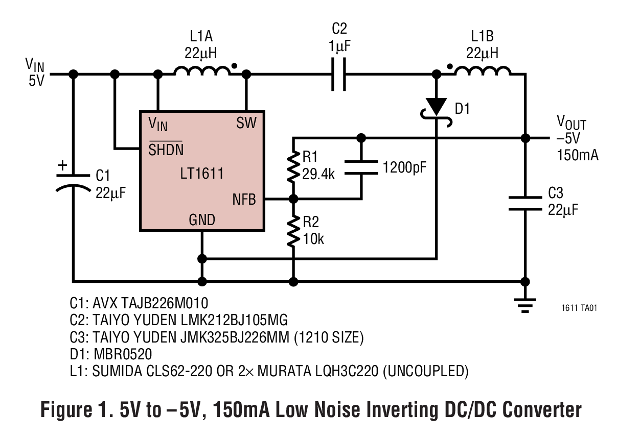 Figure 1. 5V to –5V, 150mA Low Noise Inverting DC/DC Converter
