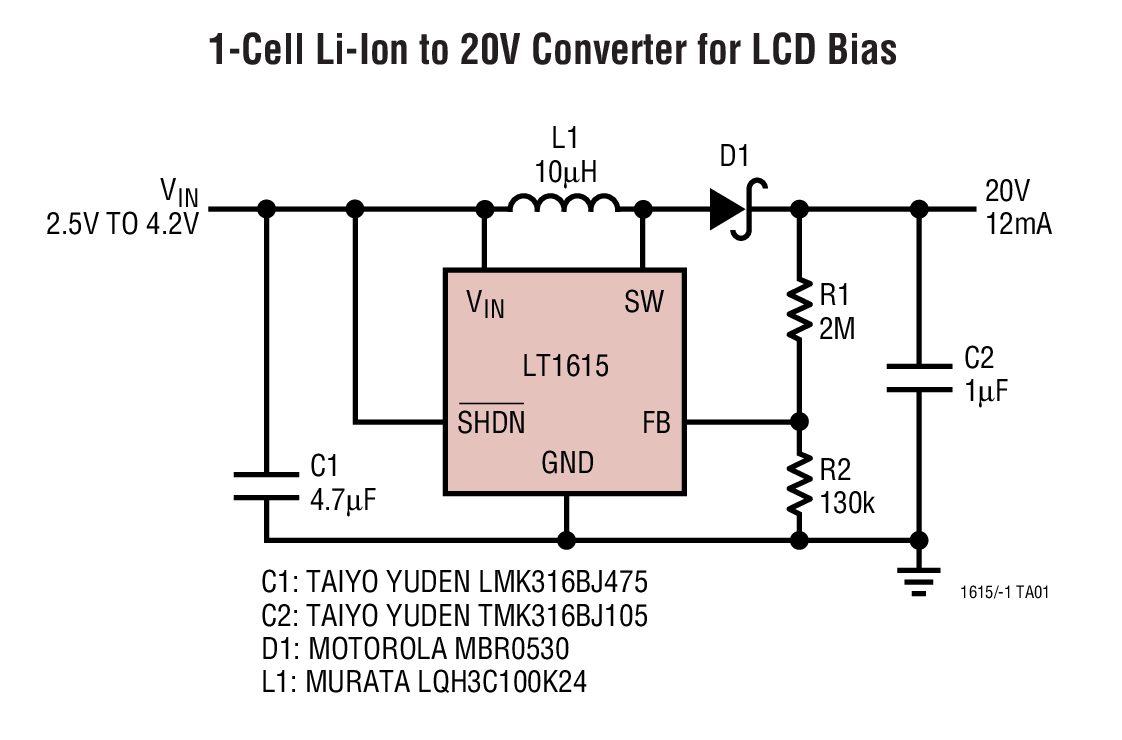 1-Cell Li-Ion to 20V Converter for LCD Bias