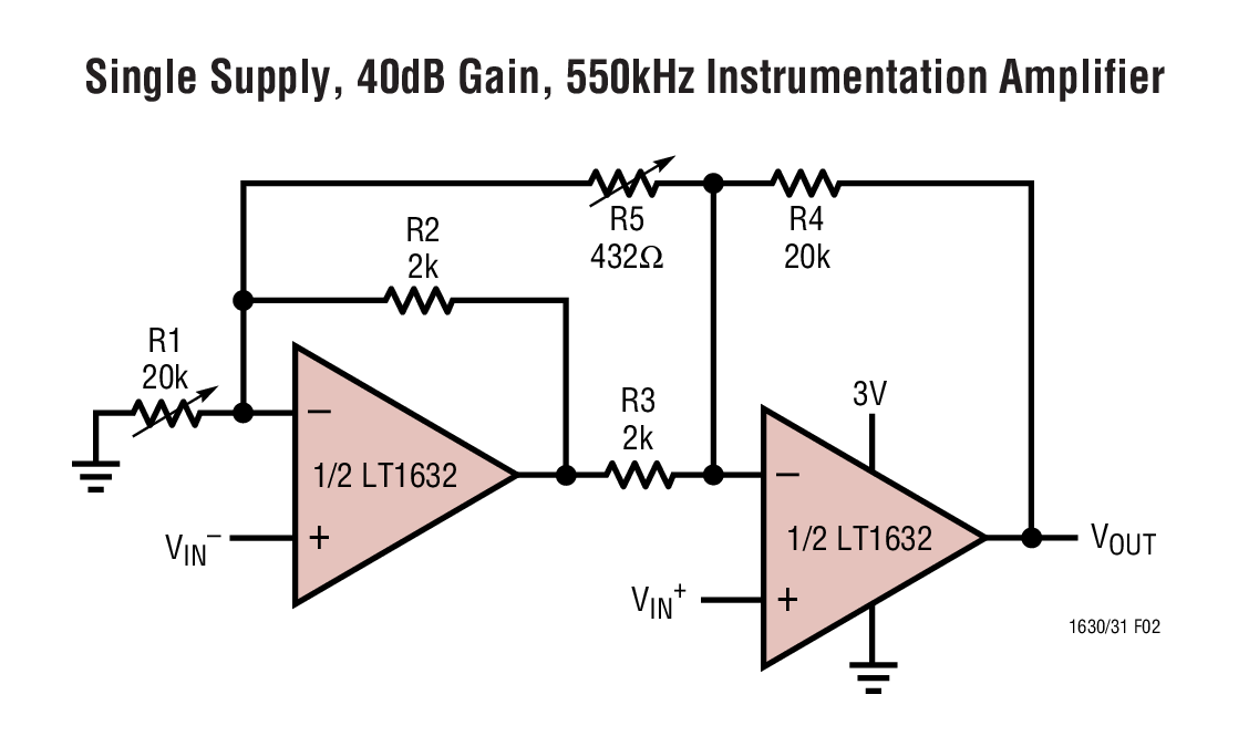 Single Supply, 40dB Gain, 550kHz Instrumentation Amplifier