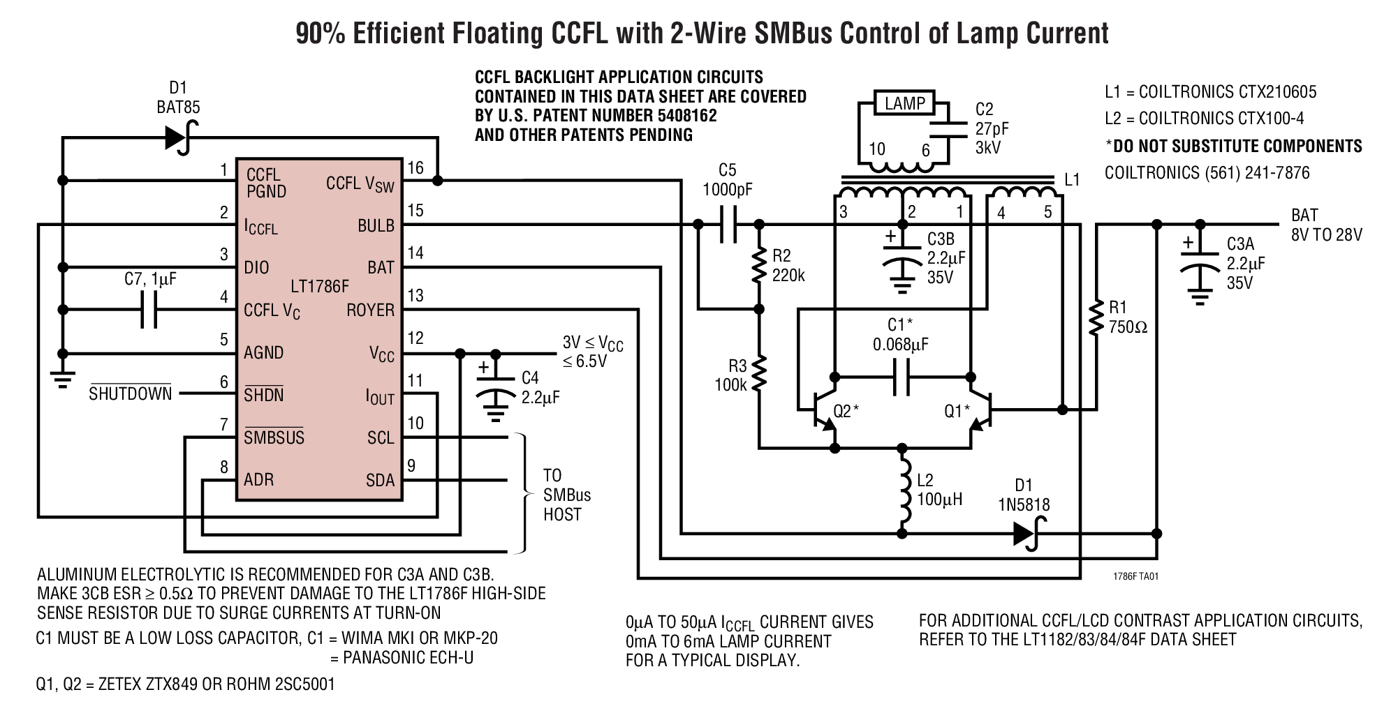 90% Efficient Floating CCFL with 2-Wire SMBus Control of Lamp Current