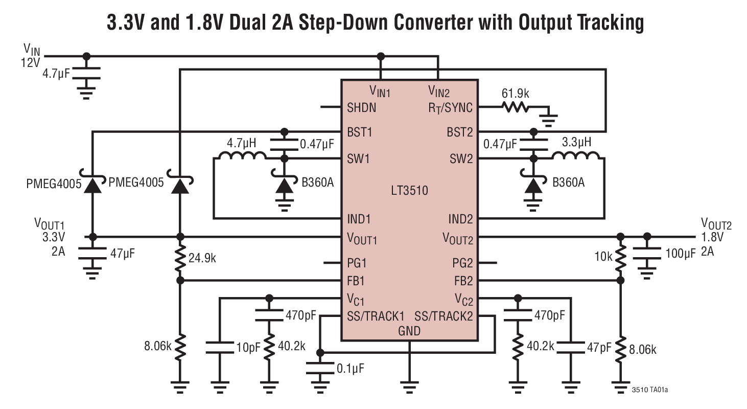 3.3V and 1.8V Dual 2A Step-Down Converter with Output Tracking