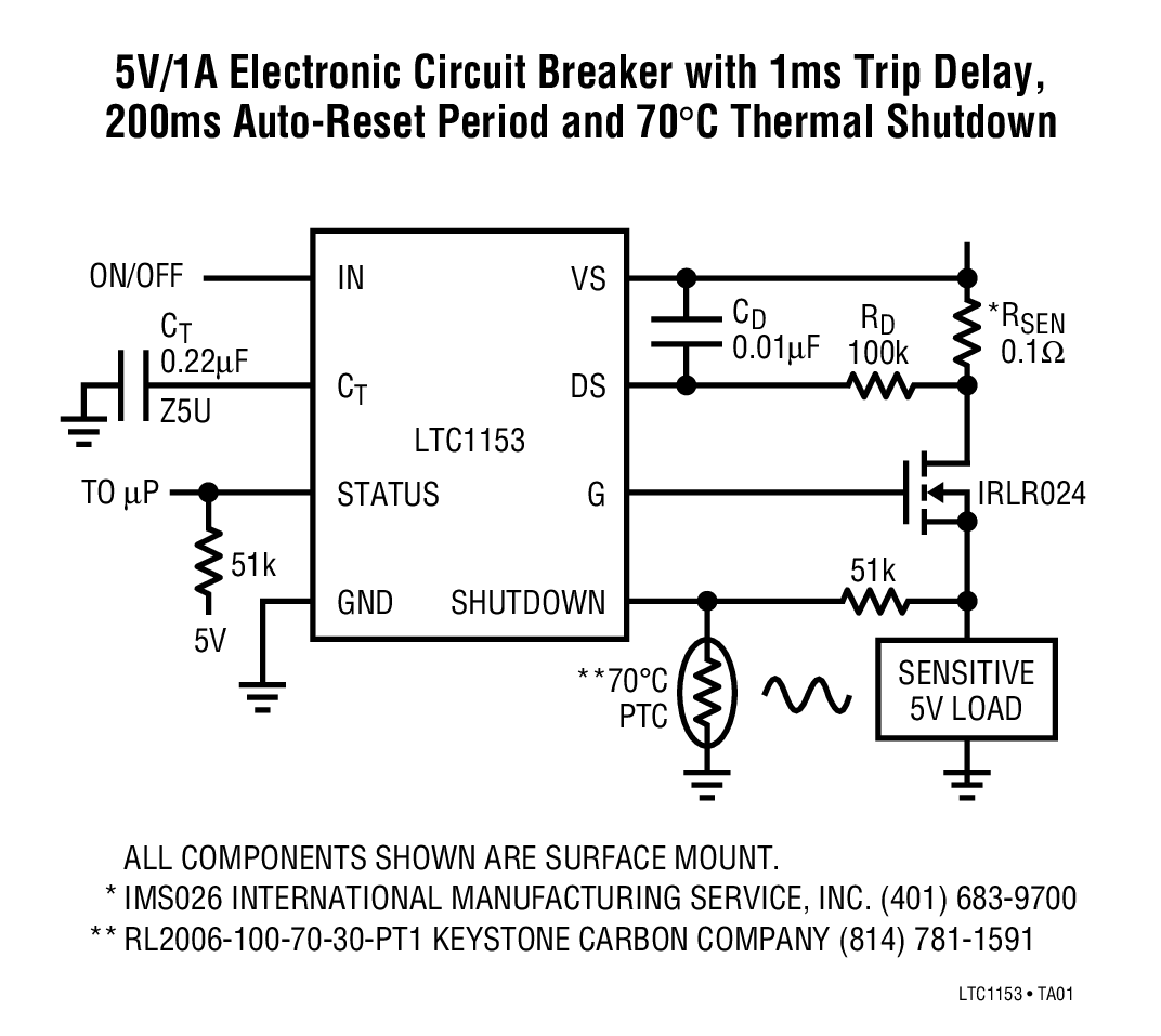 5V/1A Electronic Circuit Breaker with 1ms Trip Delay, 200ms Auto-Reset Period and 70°C Thermal Shutdown