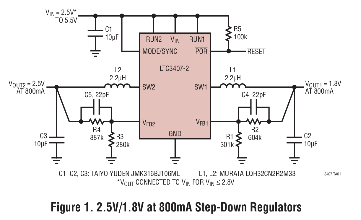 Figure 1. 2.5V/1.8V at 800mA Step-Down Regulators