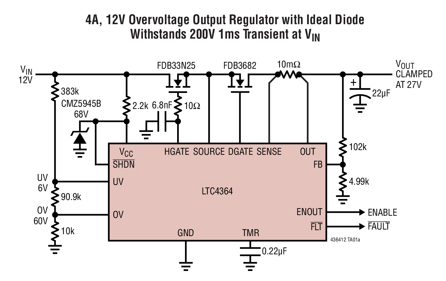 4A, 12V Overvoltage Output Regulator with Ideal Diode Withstands 200V 1ms Transient at VIN