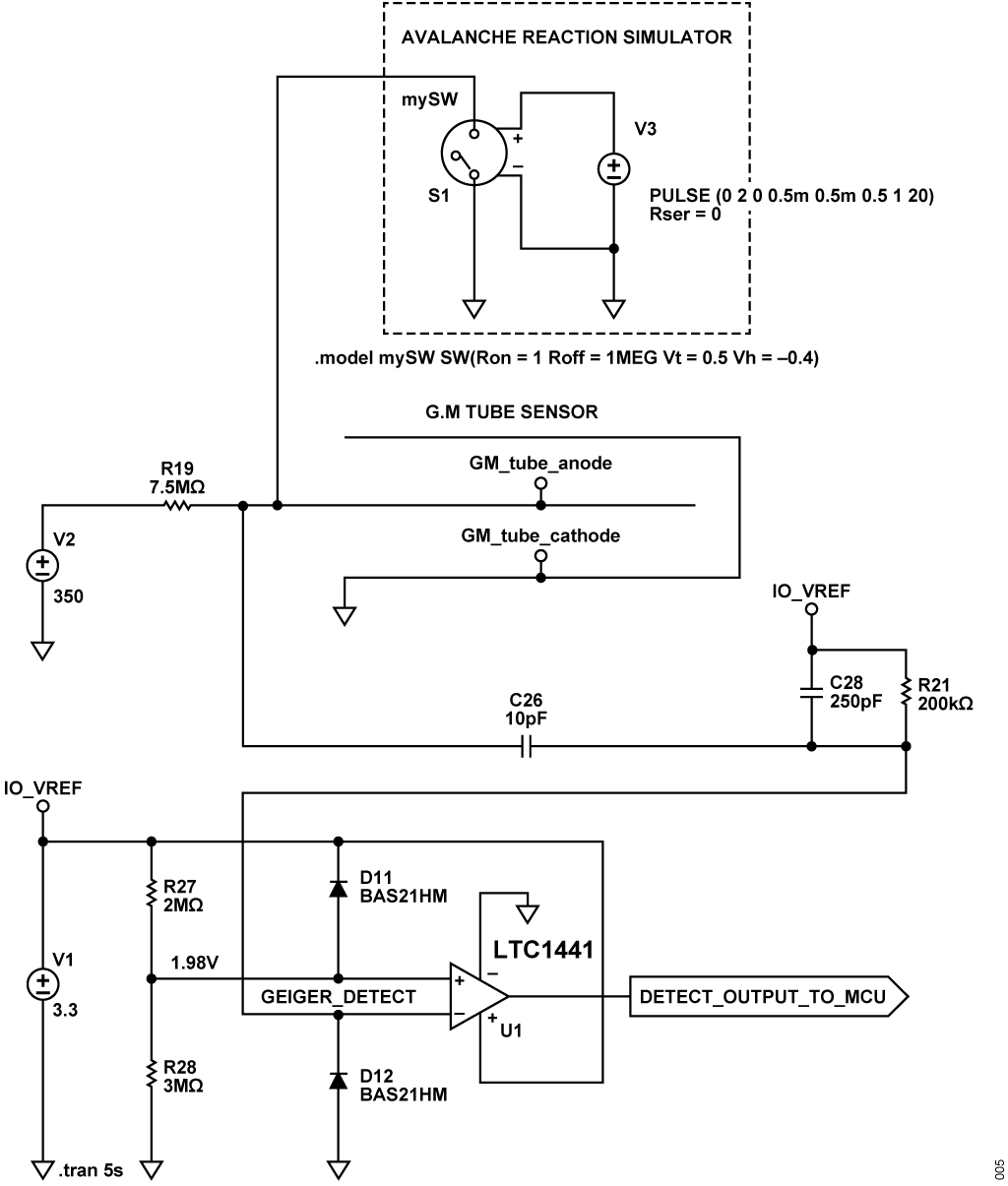 図 5. ガイガー・パルス・シフトおよび検出回路の LTspice 回路図