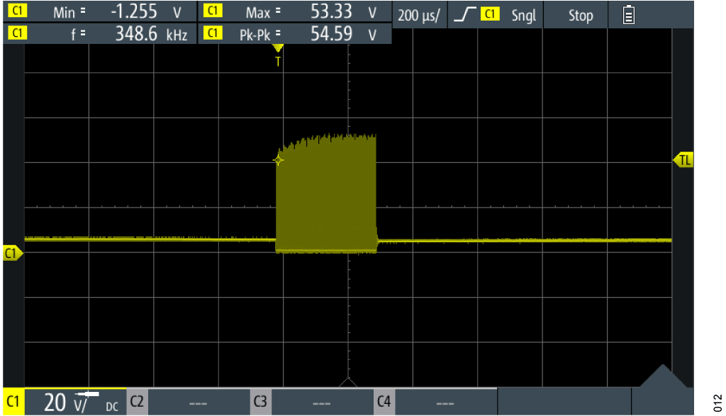 図 12. MOSFET Q2 のドレイン端子の昇圧パルス、タイムスケール:200µs