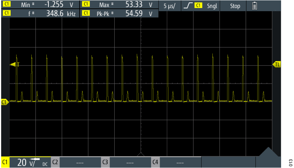 図 13. MOSFET Q2 のドレイン端子の昇圧パルス、タイムスケール:5µs