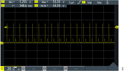 Figure 13. Boost Pulses at MOSFET Q2 Drain Terminal at a Time Scale of 5 μs