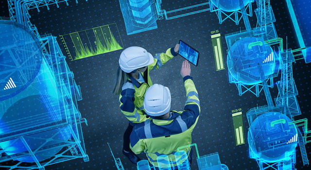 Engineers study an augmented reality factory