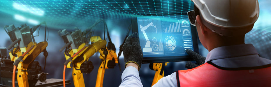 Factory worker and cobots overlaid with network mesh