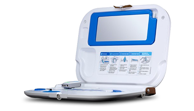 Portable medical device in an open case with a screen and labeled instructions for use.