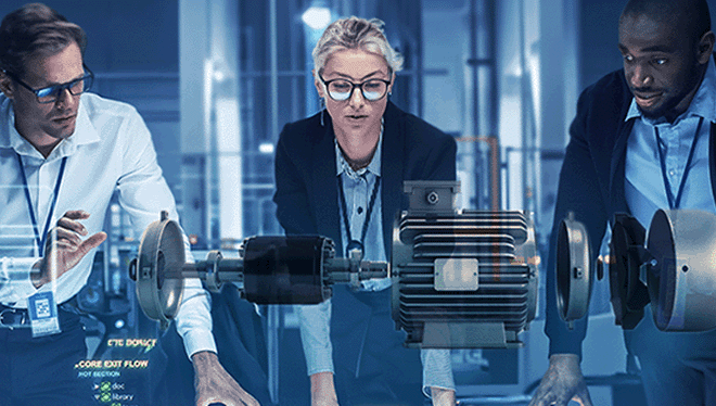 Three people looking at a holographic image of a variable speed drive motor