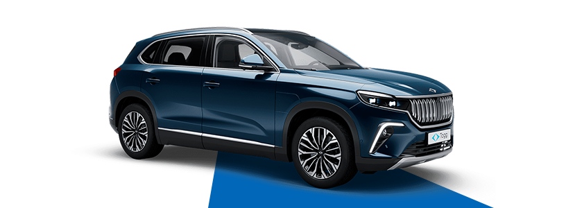A sleek, dark blue TOGG electric SUV displayed on a blue background