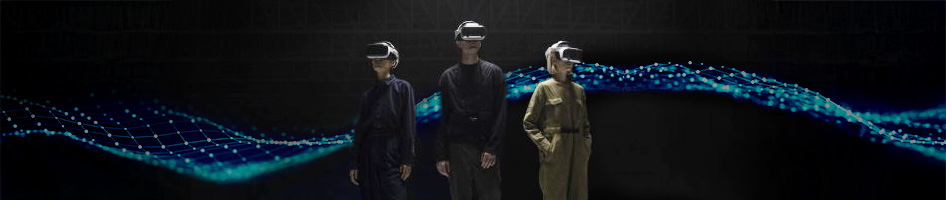 3 people standing in a warehouse wearing varjo headsets, with a overlay image of the things they see in the headset
