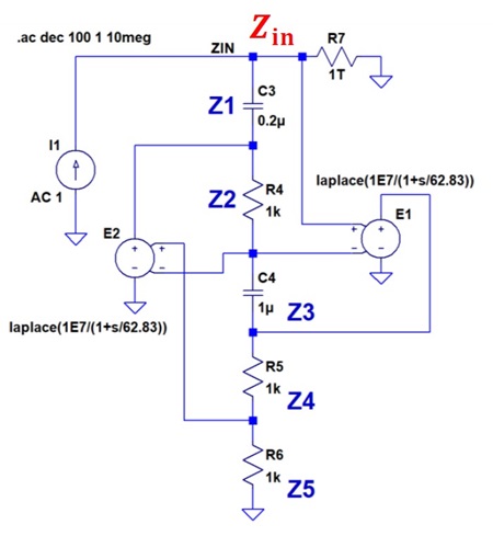 図 3. TNJ-070 の図 10 の OP アンプを Laplace モデルに変換してみた GIC 回路(LTspice シミュレーション・モデル)