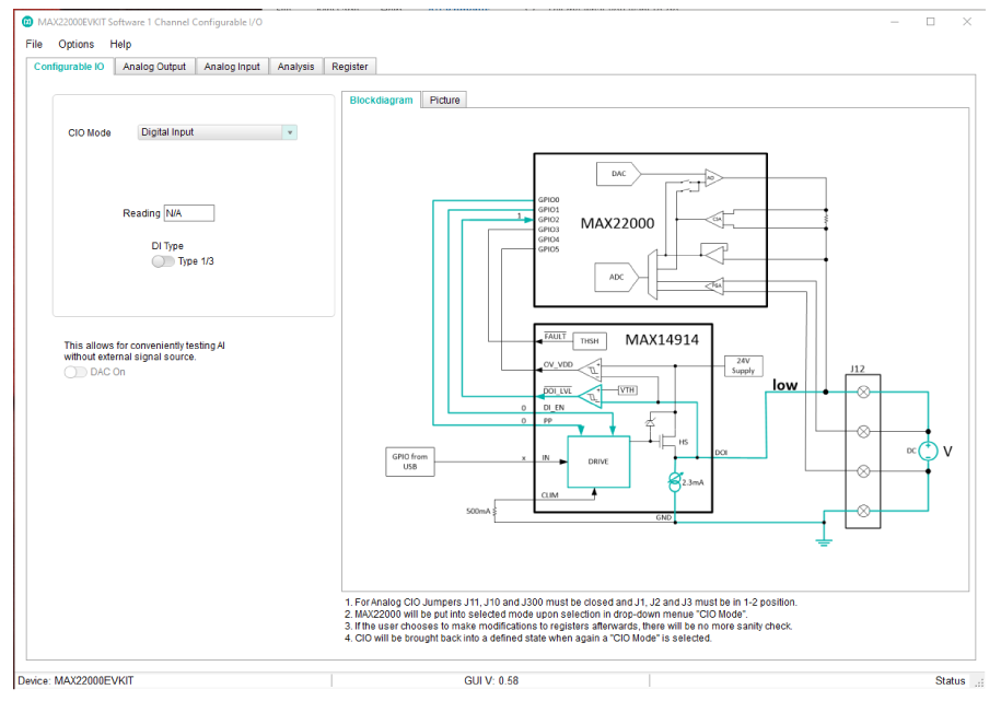 図8. MAX22000の評価キットのGUI。MAX22000とMAX14914の構成を行っています。