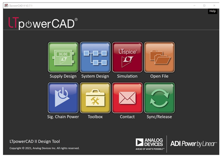 図13. 電源回路の設計を効率化するLTpowerCADのトップ画面。入出力仕様に該当する電源ソリューション(IC)の検索機能や、リファレンス回路から静的な特性を確認する機能などを備える。また、電源ツリーの設計ツールLTpowerPlannerや、シミュレーション・ツールLTspiceとも連携している。
