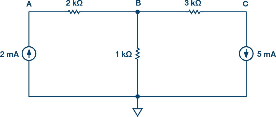 図 5. 問題:グラウンドを基準とする点 A、B、C の電圧を計算してください。