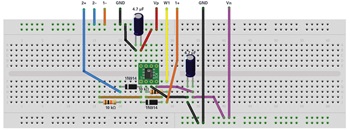 図25. ブレッドボードにおける高精度の半波整流器の接続図