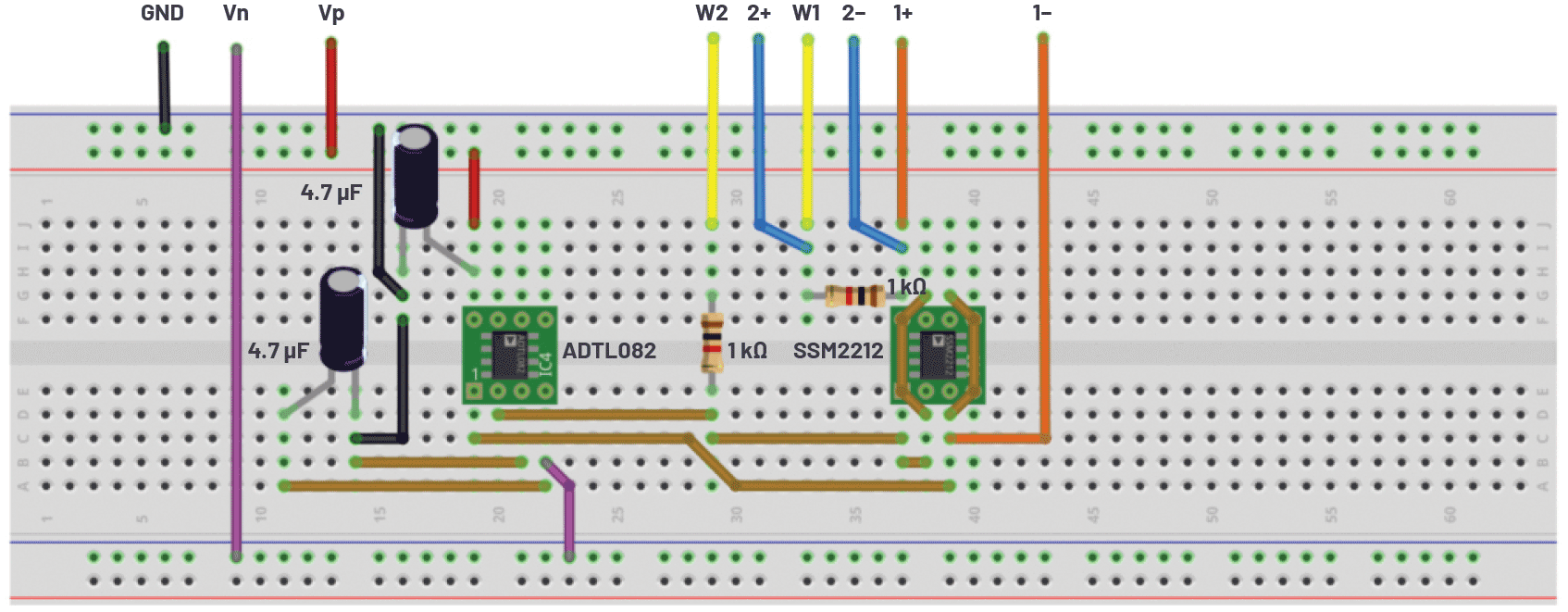 図3. 図1の回路(オペアンプあり)を実装したブレッドボード