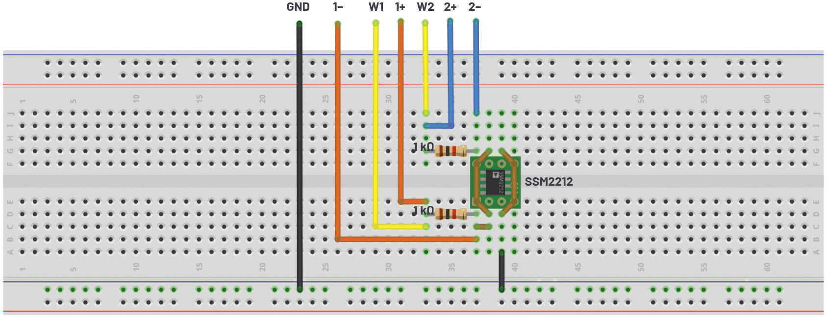 図4. 図2の回路(オペアンプなし)を実装したブレッドボード