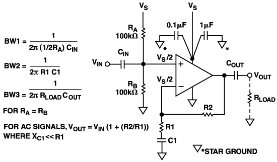 図1. 不安定になるおそれのある単電源のオペアンプ回路
