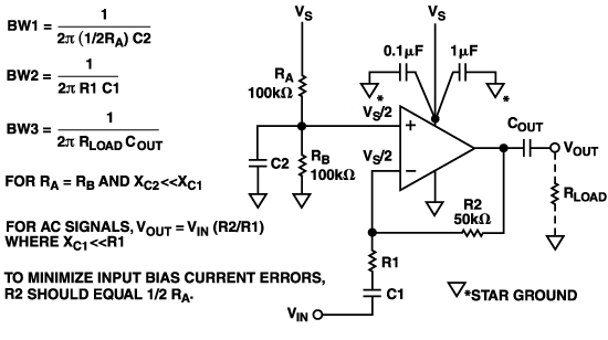 図3. バイアス回路とデカップリングを適用した単電源の反転アンプ回路
