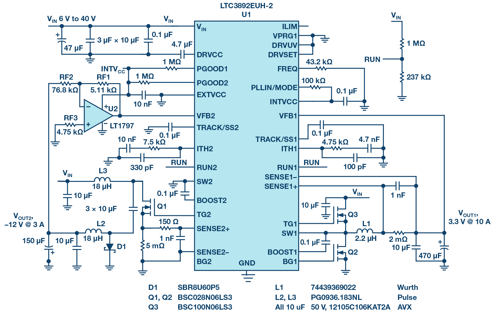 図1 . 正電圧と負電圧を生成するコンバータ回路。LTC3892をベースとしています。VOUT1は3.3V/10A 、VOUT2は- 12V/3Aを出力します。
