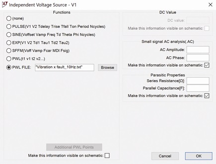 Figure 12. Creating a piecewise linear voltage source from the vibration data.