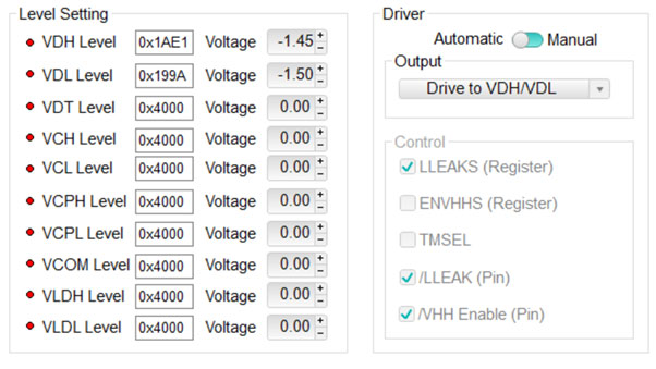 図7. MAX9979のDACの電圧レベルとドライバの設定。EVキットのソフトウェアを使用しています。