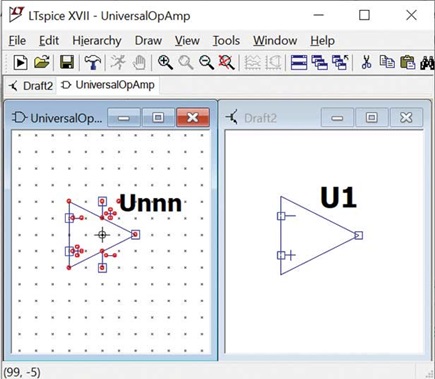 Figure 5. A SPICE symbol file (right) template of a simple 3-pin operational amplifier and its equivalent symbol (left) used in a circuit simulation in LTspice.