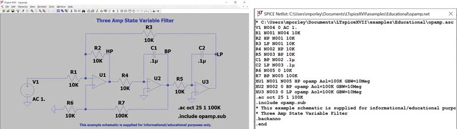 図6. 3つのオペアンプから成る状態変数フィルタ。右に示したのがそのSPICEモデルです。