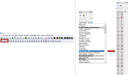 Figure 9. HyperLynx toolbar showing symbols for a single-ended buffer, differential buffer, and IC component that can be used for IBIS model simulations (left); Advanced Design System toolbar showing symbols for different types of buffers that can be used for IBIS model simulations (right).