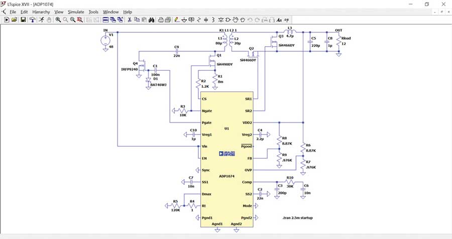 図15. シミュレーションの対象とする複雑な回路。LTspiceを使えば、アクティブ・クランプ回路を備えるフォワード・コンバータのシミュレーションも実行できます。